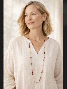 J Jill Beaded Necklace Gold Red Garnet Tone Long Station Artisan Boho Statement